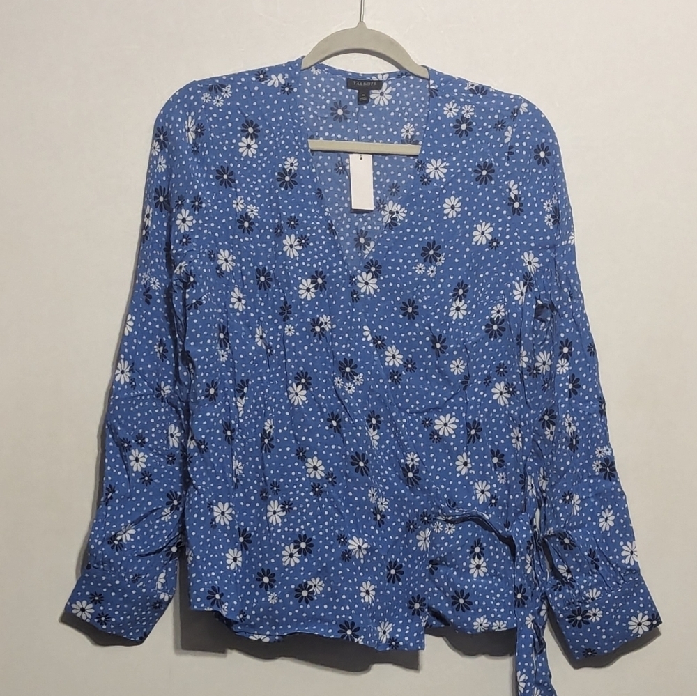 Talbots Blue Floral Wrap Side Tie Long Sleeve Blouse Top Shirt - size Medium